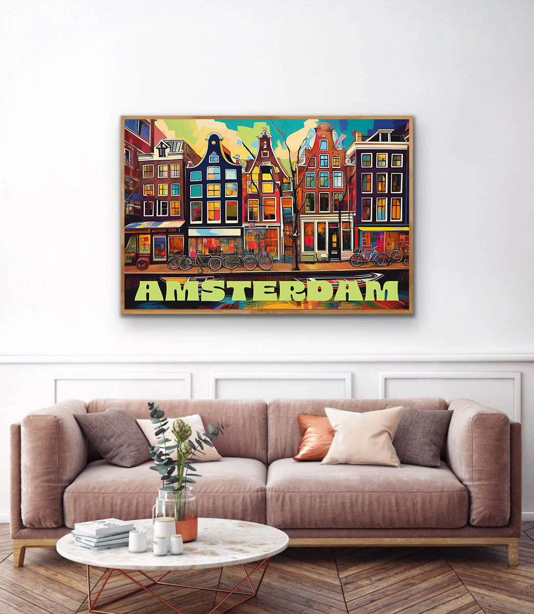 Colourful digital graffiti-style wall art print of Amsterdam’s iconic canal houses and bicycles at sunset, featuring vibrant street scene with Dutch architecture, available for instant digital download — perfect for home decor, travel-inspired prints, or European cityscape artwork.