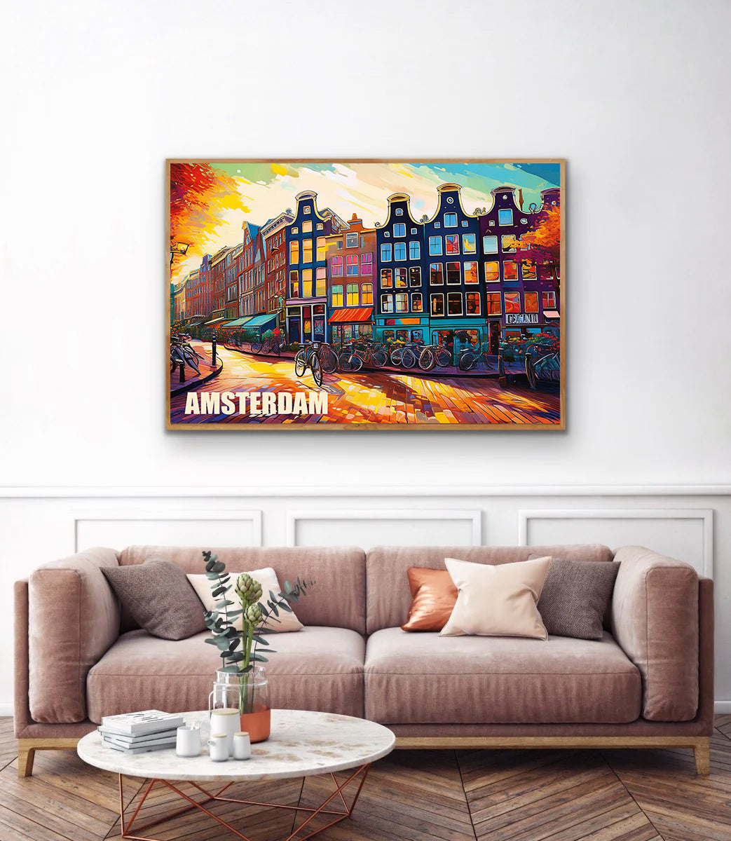 Colourful digital graffiti-style wall art print of Amsterdam’s iconic canal houses and bicycles at sunset, featuring vibrant street scene with Dutch architecture, available for instant digital download — perfect for home decor, travel-inspired prints, or European cityscape artwork.