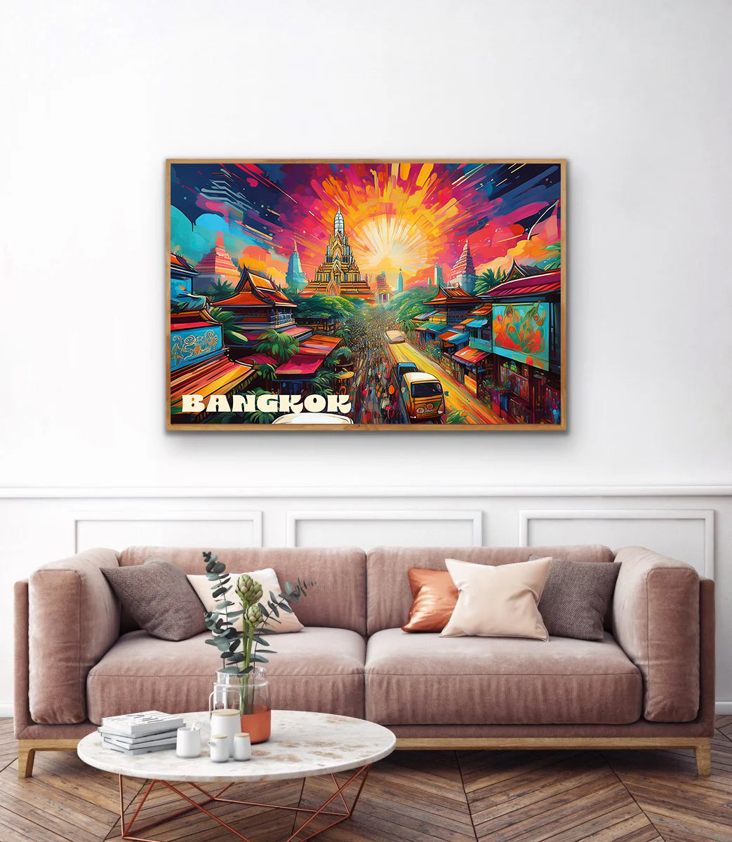 Vibrant digital graffiti-style wall art print of Bangkok cityscape featuring Wat Arun temple at sunset, bustling Thai street market, tuk-tuks, and traditional rooftops — ideal for instant digital download, travel-themed decor, or Southeast Asian artwork for home or office.