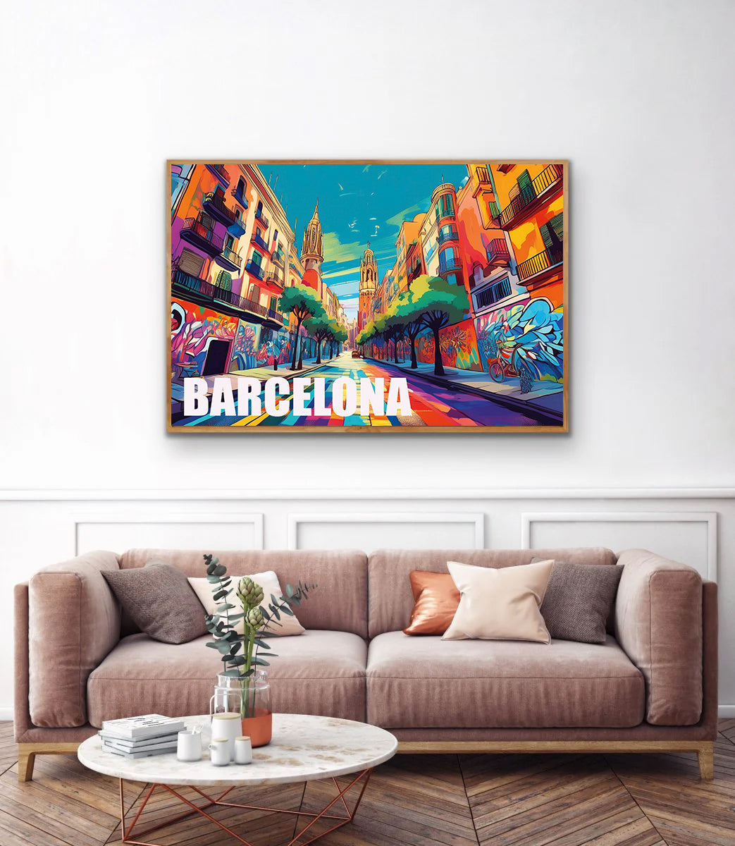 Colorful artwork of a street scene in Barcelona above a sofa in a living room.