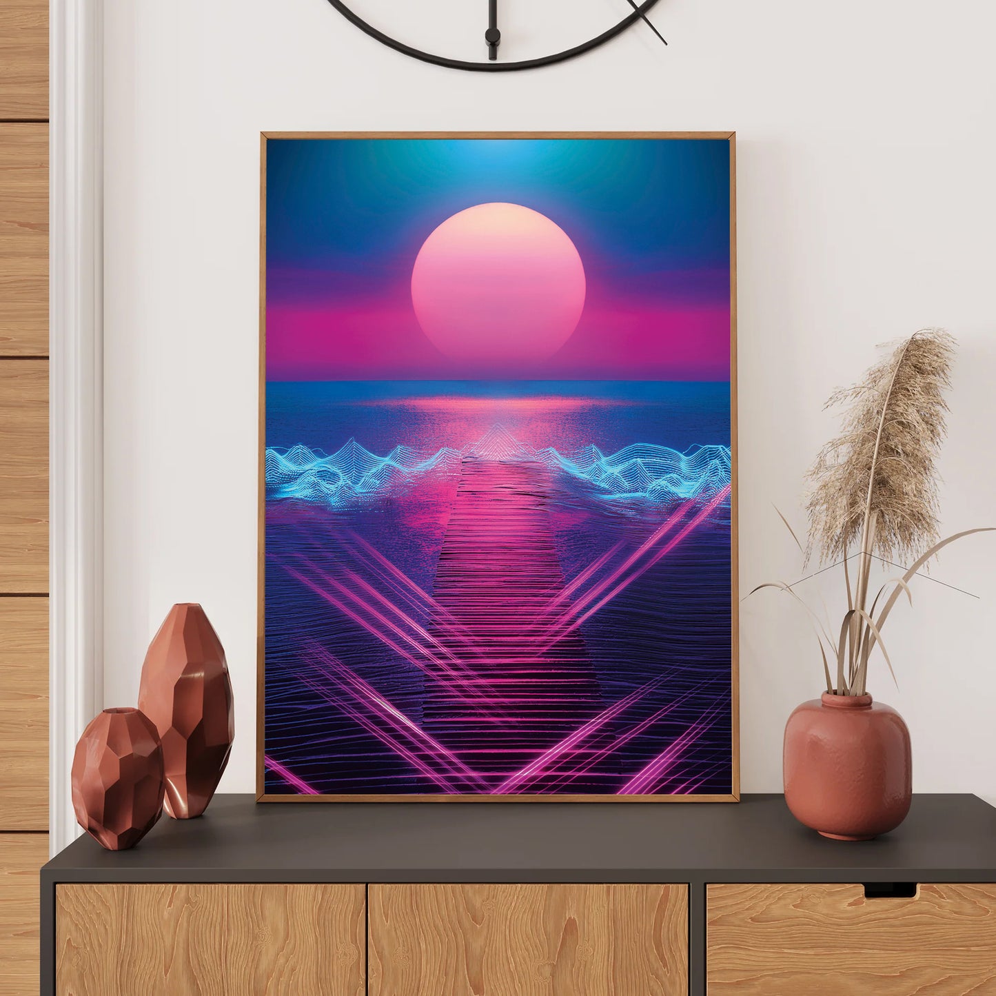 "Retro-futuristic neon pathway over a glowing ocean with a large pink sun and electric blue waves in synthwave style."