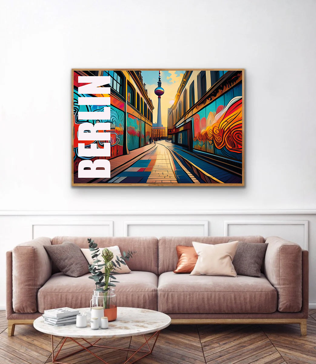 Colorful framed artwork of a street scene with 'BERLIN' text above a beige sofa.