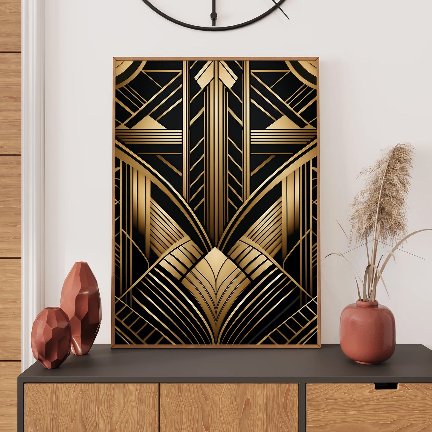 Decorative art piece with geometric design on a wall above a console table.
