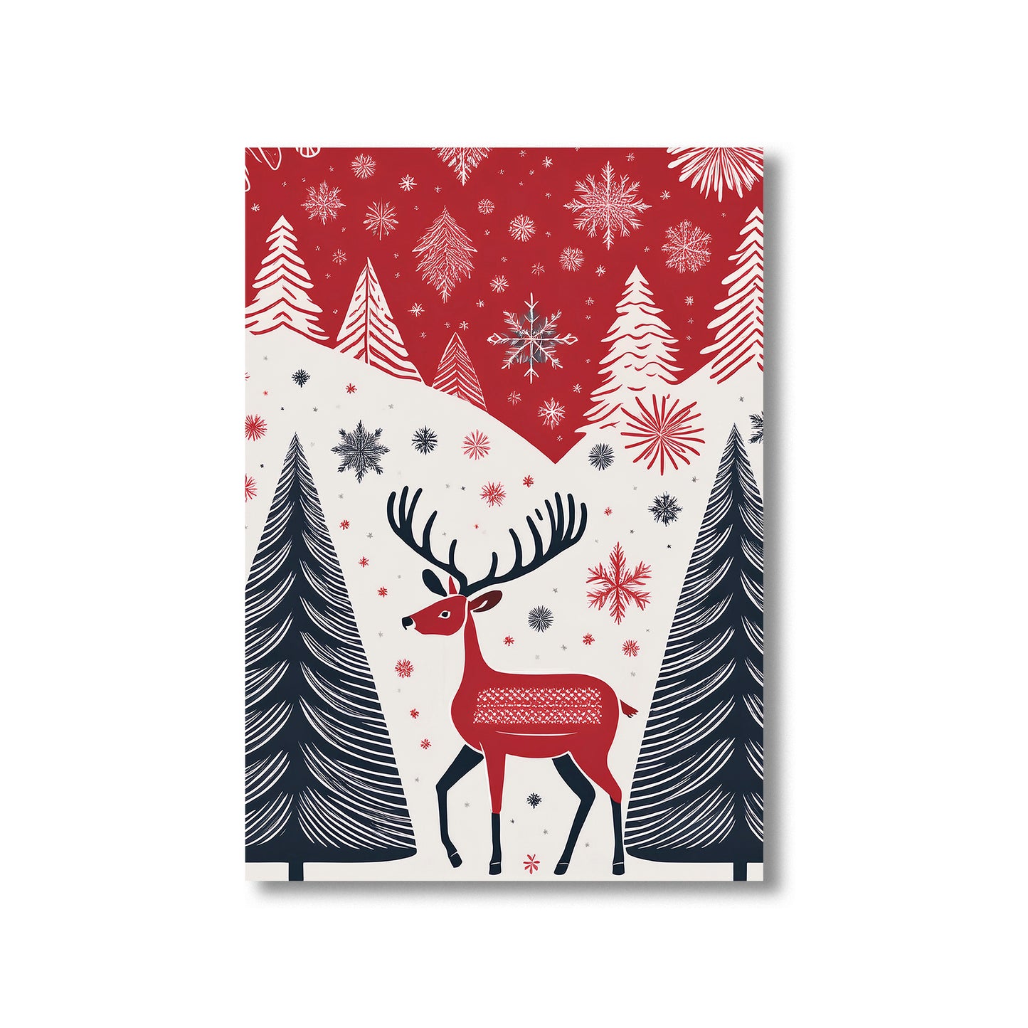 Scandinavian Christmas Card – Nordic red, white, and grey holiday patterns with reindeer, snowflakes, and pine trees