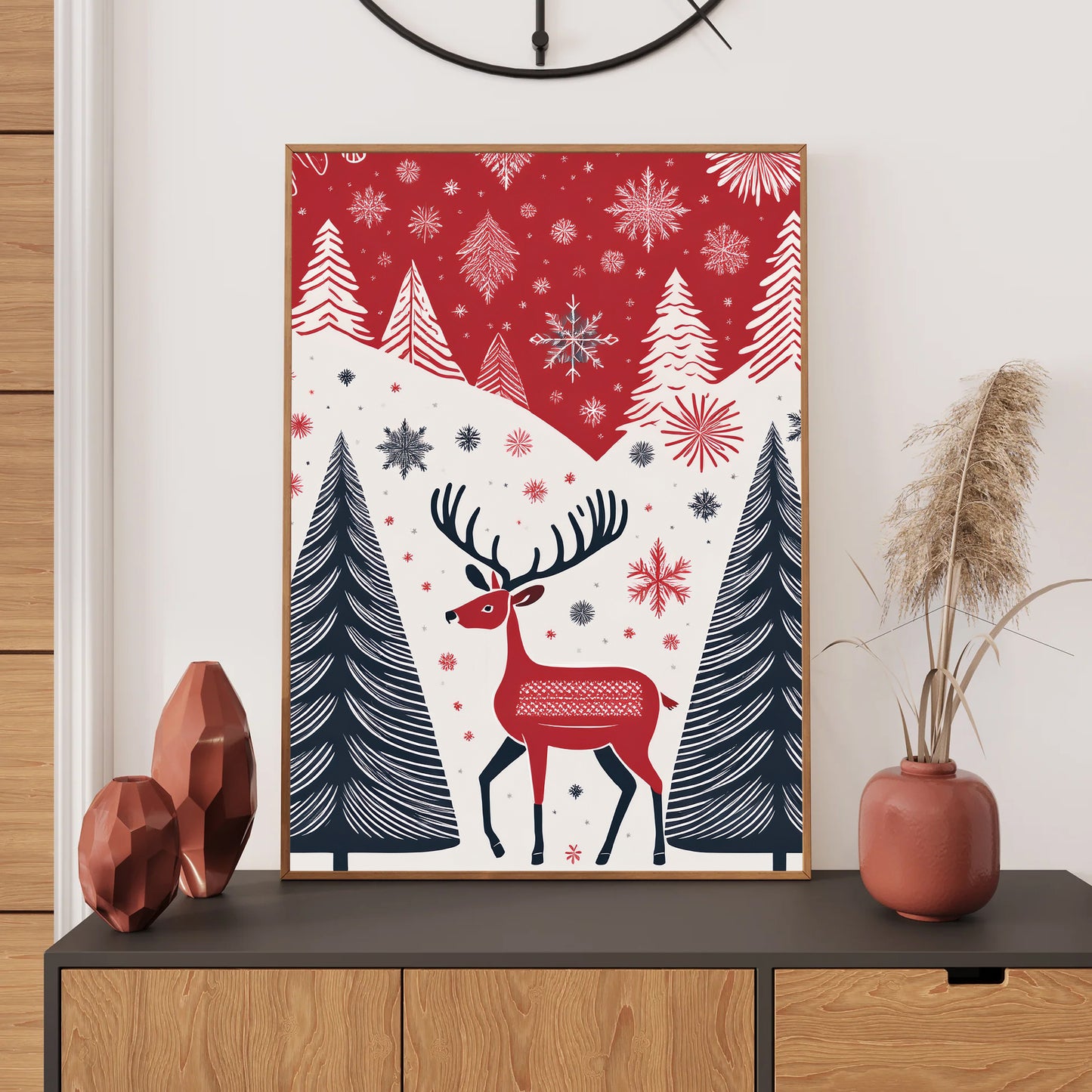 Scandinavian Christmas Card – Nordic red, white, and grey holiday patterns with reindeer, snowflakes, and pine trees