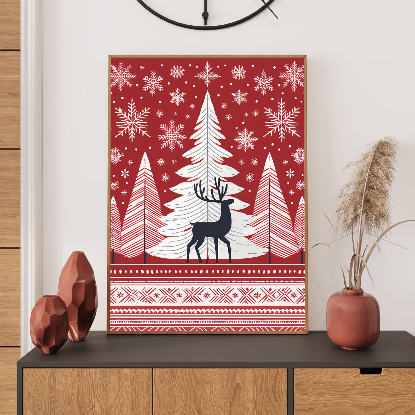 Scandinavian Christmas Card – Digital Download | Nordic Holiday Wall Art | Minimalist Red & White Winter Design