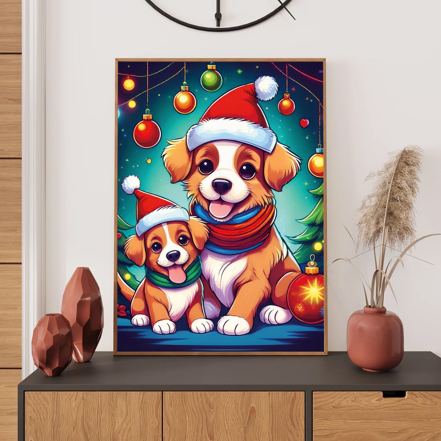 Cute Puppy Christmas Card – adorable puppy wearing Santa hat surrounded by festive holiday decorations