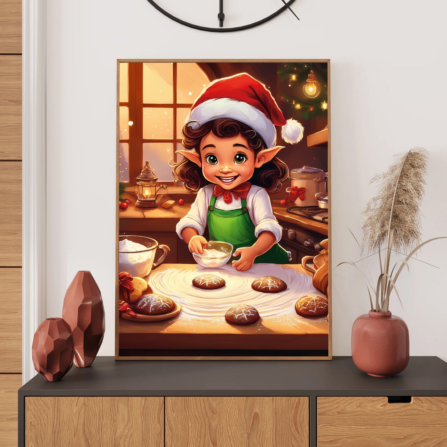 Tiny Elves Christmas Card – elves baking cookies in cozy holiday kitchen with festive decorations