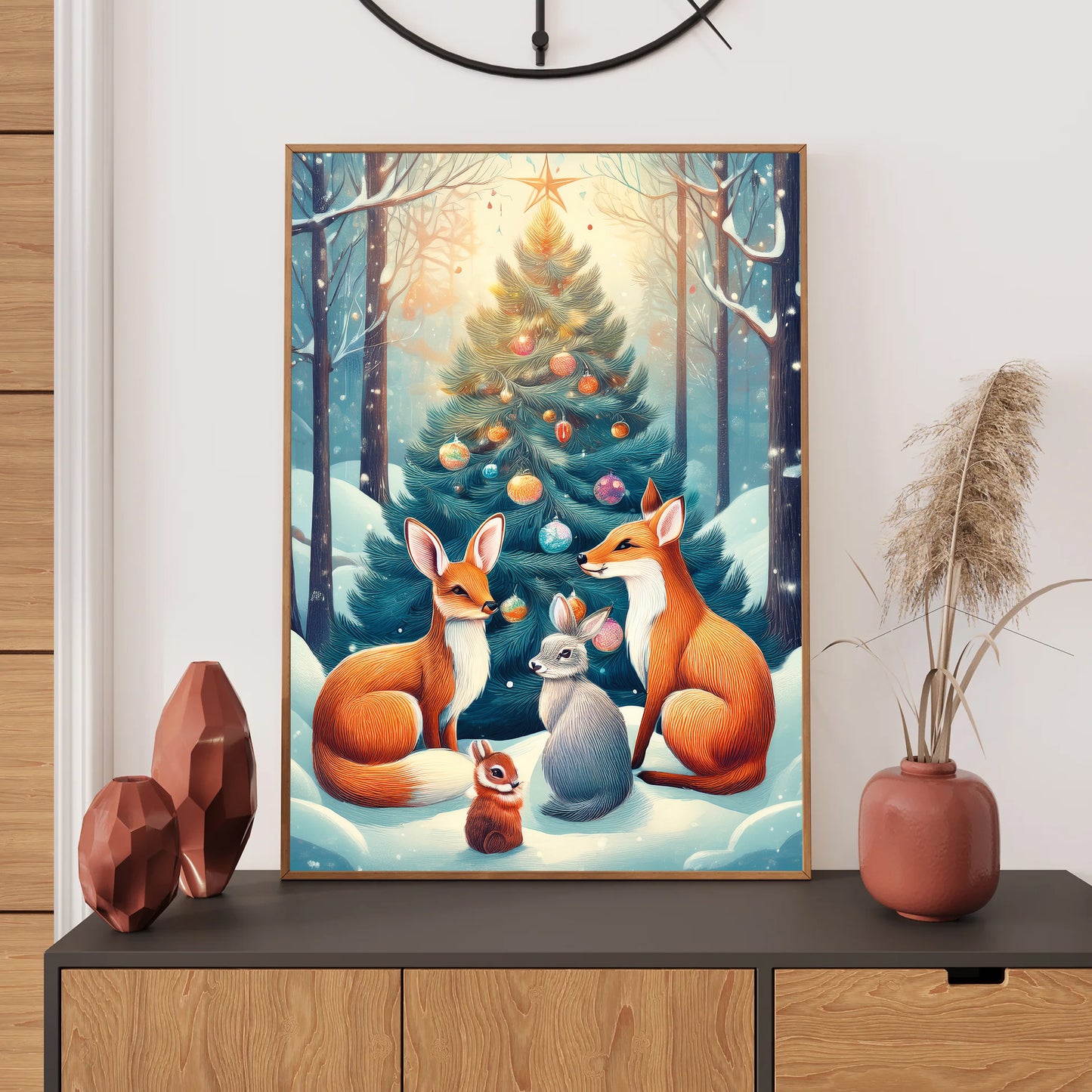 Woodland Animals Christmas Card – fox, deer, rabbits, and owls gathered around glowing Christmas tree in snowy forest