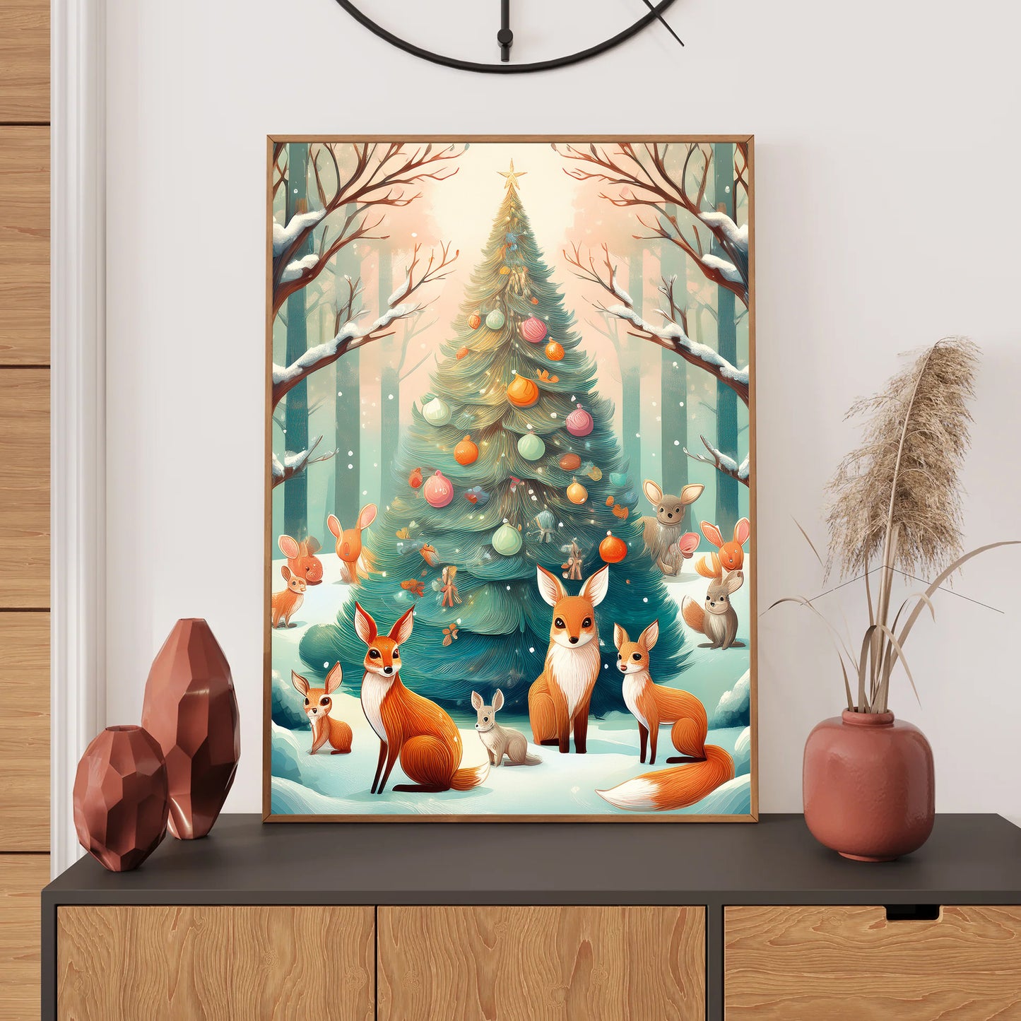 Woodland Animals Christmas Card – fox, deer, rabbits, and owls gathered around glowing Christmas tree in snowy forest