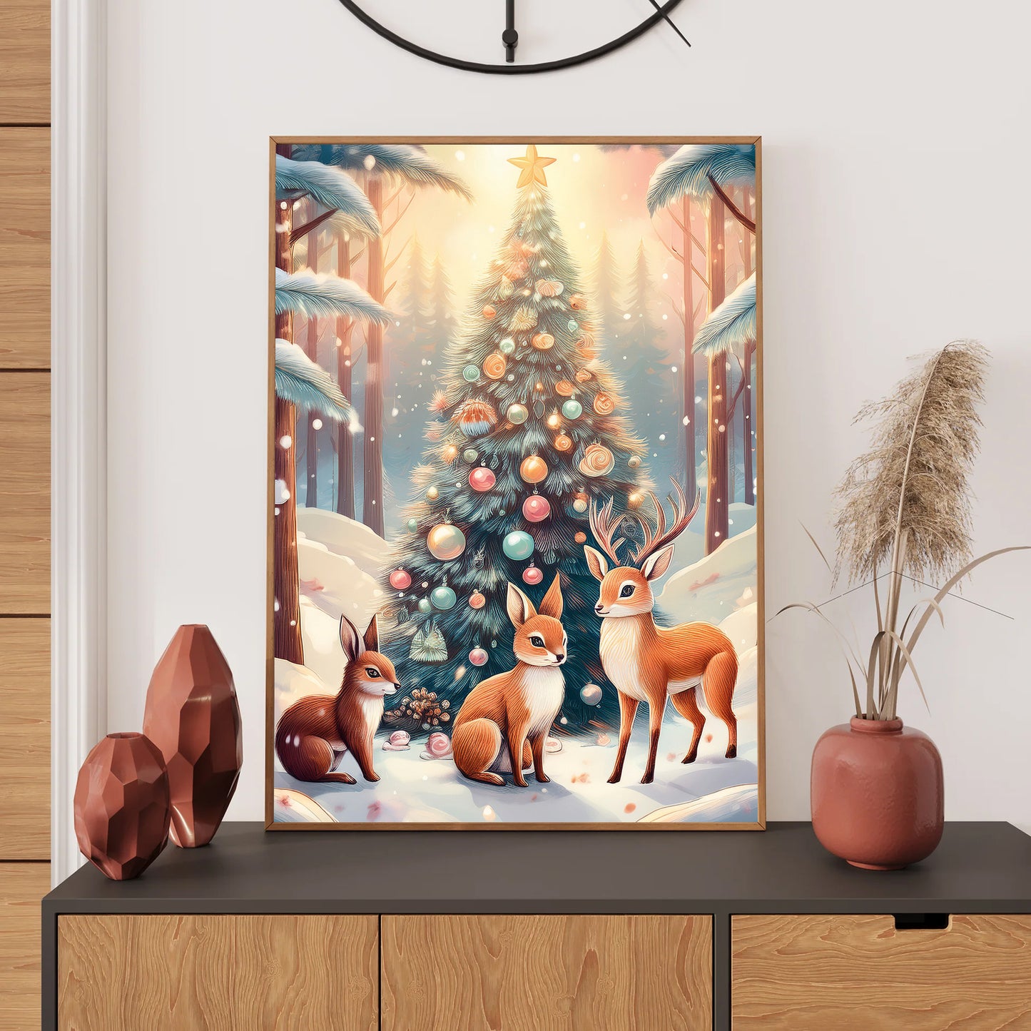 Woodland Animals Christmas Card – fox, deer, rabbits, and owls gathered around glowing Christmas tree in snowy forest