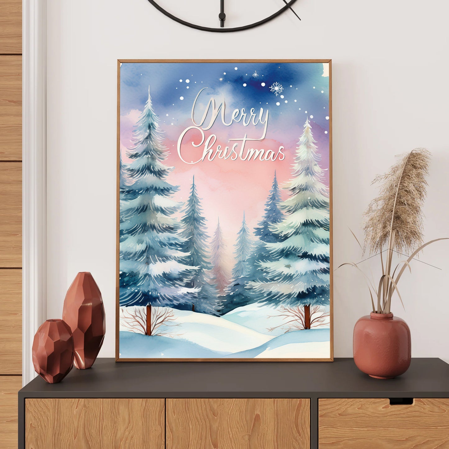 Merry Xmas Snowy Christmas Trees Card – snow-covered pine forest with holiday greeting in winter scene