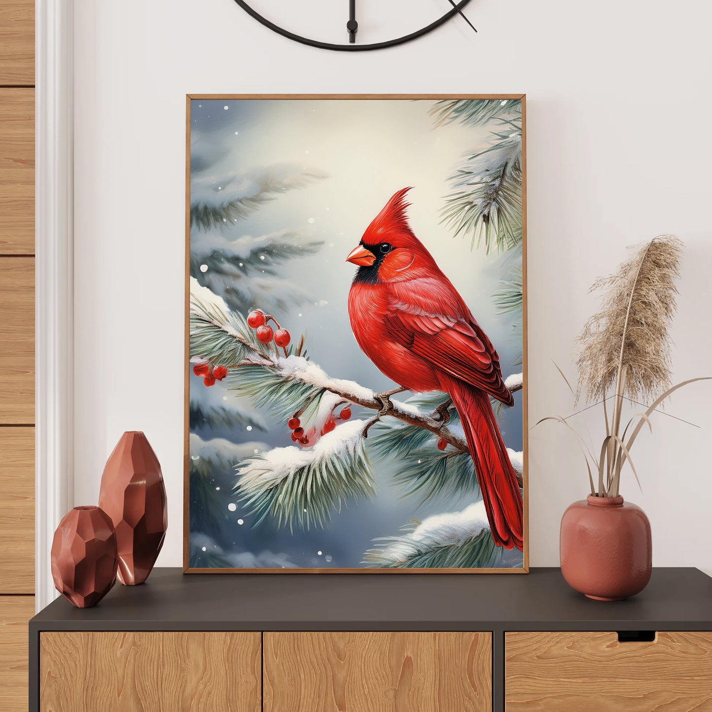 Cardinal Christmas Card – bright red cardinals perched on snowy evergreen branches in winter scene