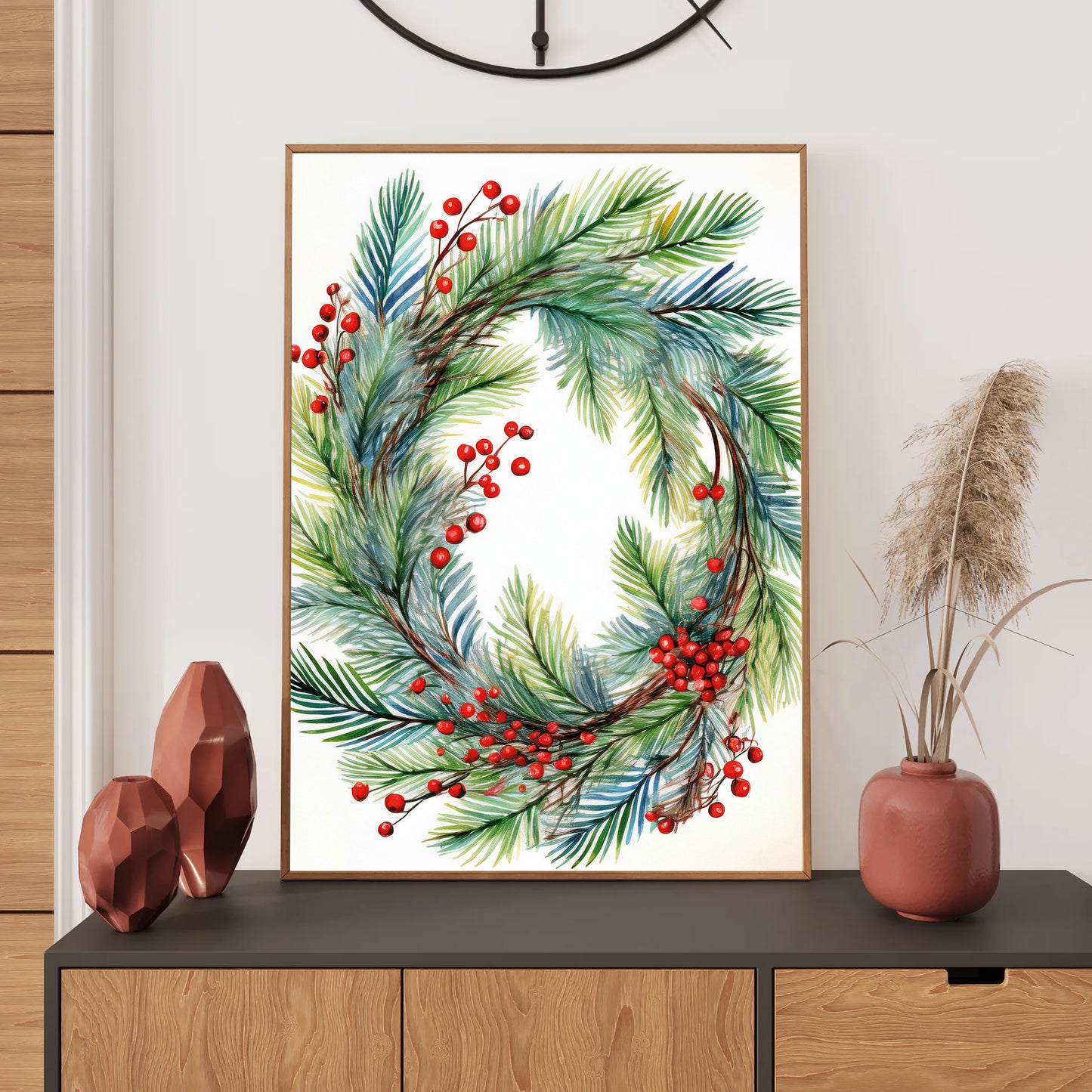 Watercolor Christmas wreath with red berries and pine, minimal holiday art