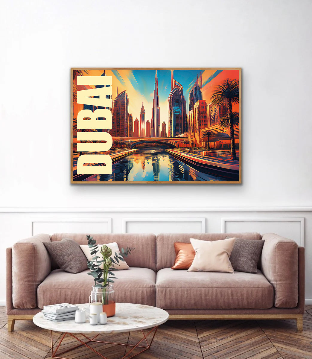 Striking digital graffiti-style wall art print of Dubai showcasing futuristic skyscrapers, Burj Khalifa, and vibrant desert cityscape with bold urban street art flair — perfect for instant digital download, Dubai-themed decor, modern travel prints, and Middle Eastern wall art.