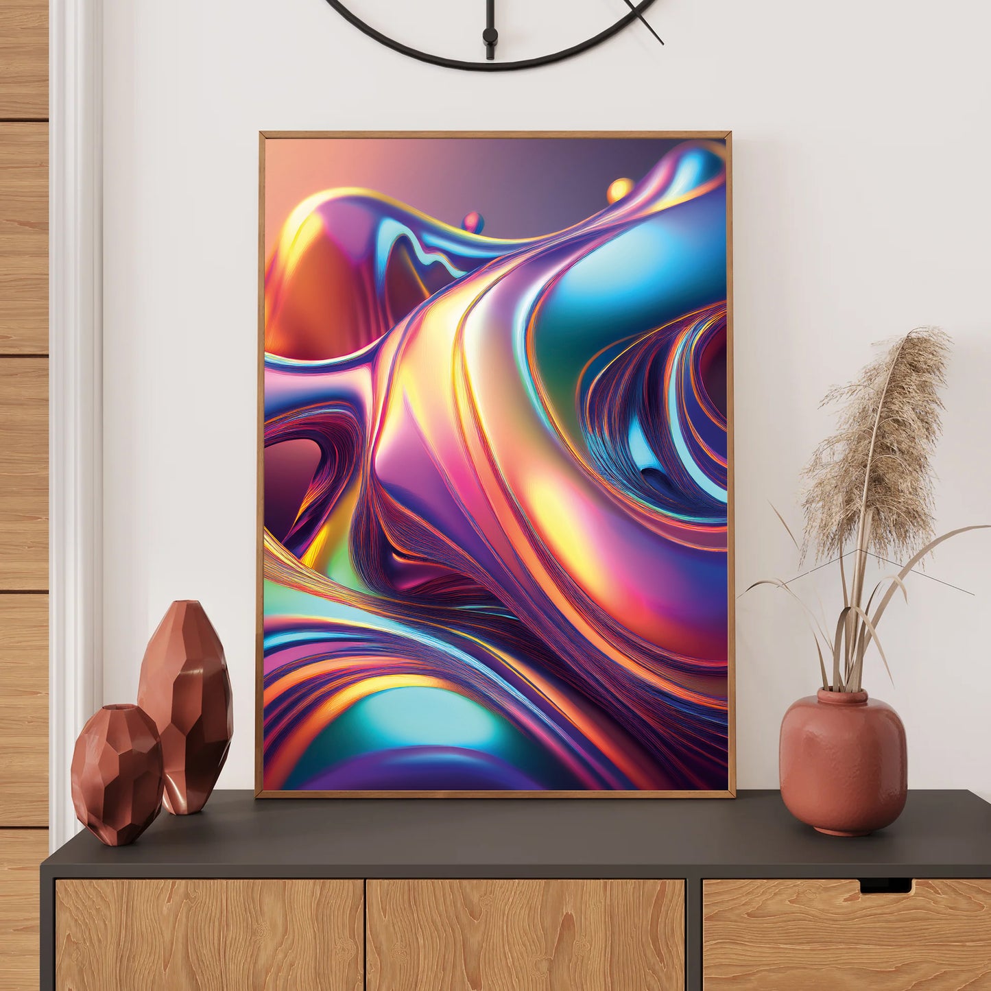 Colorful abstract art piece on a wall above a wooden console table with decorative items.