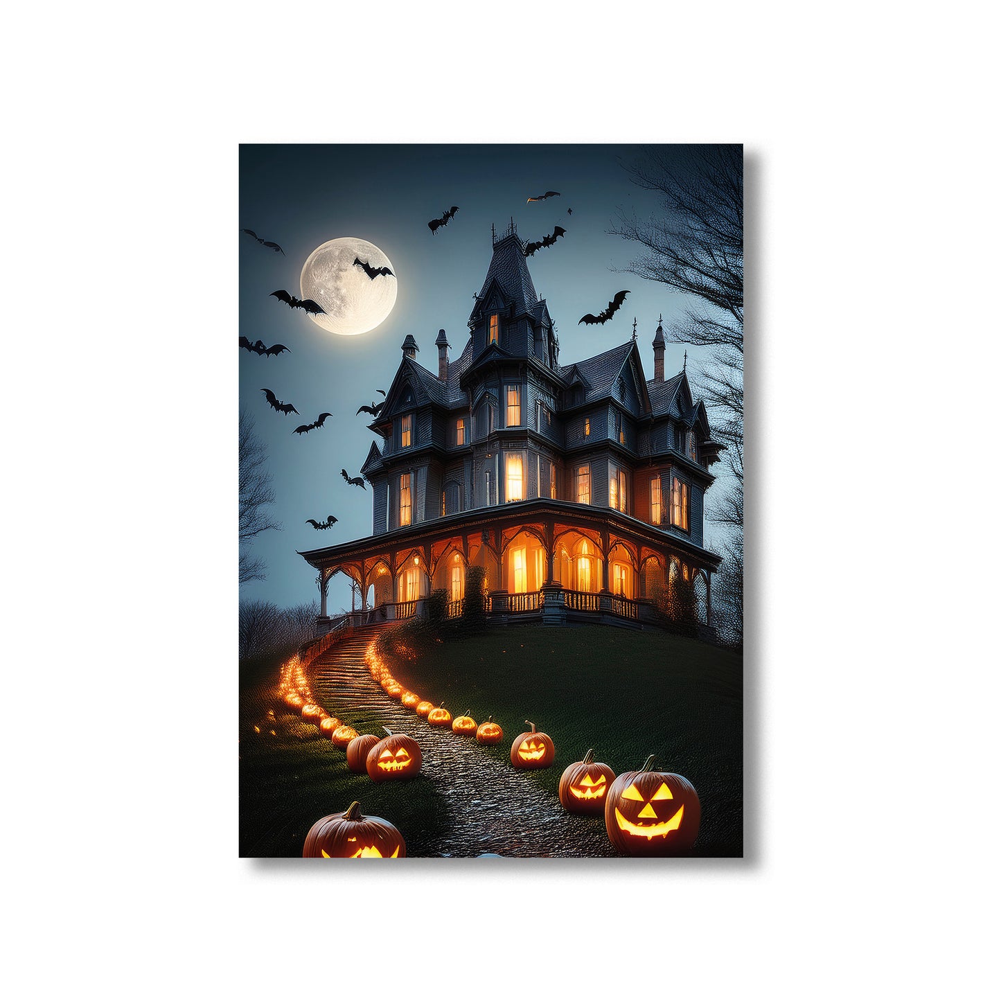Cartoon gothic haunted Victorian mansion on a foggy hill with glowing pumpkins and bats – spooky Halloween illustration