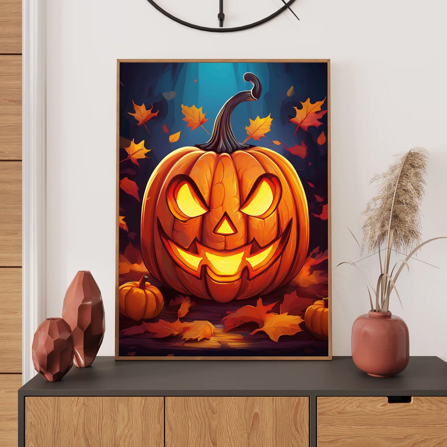 Cartoon glowing jack-o’-lantern surrounded by autumn leaves – spooky gothic Halloween pumpkin illustration