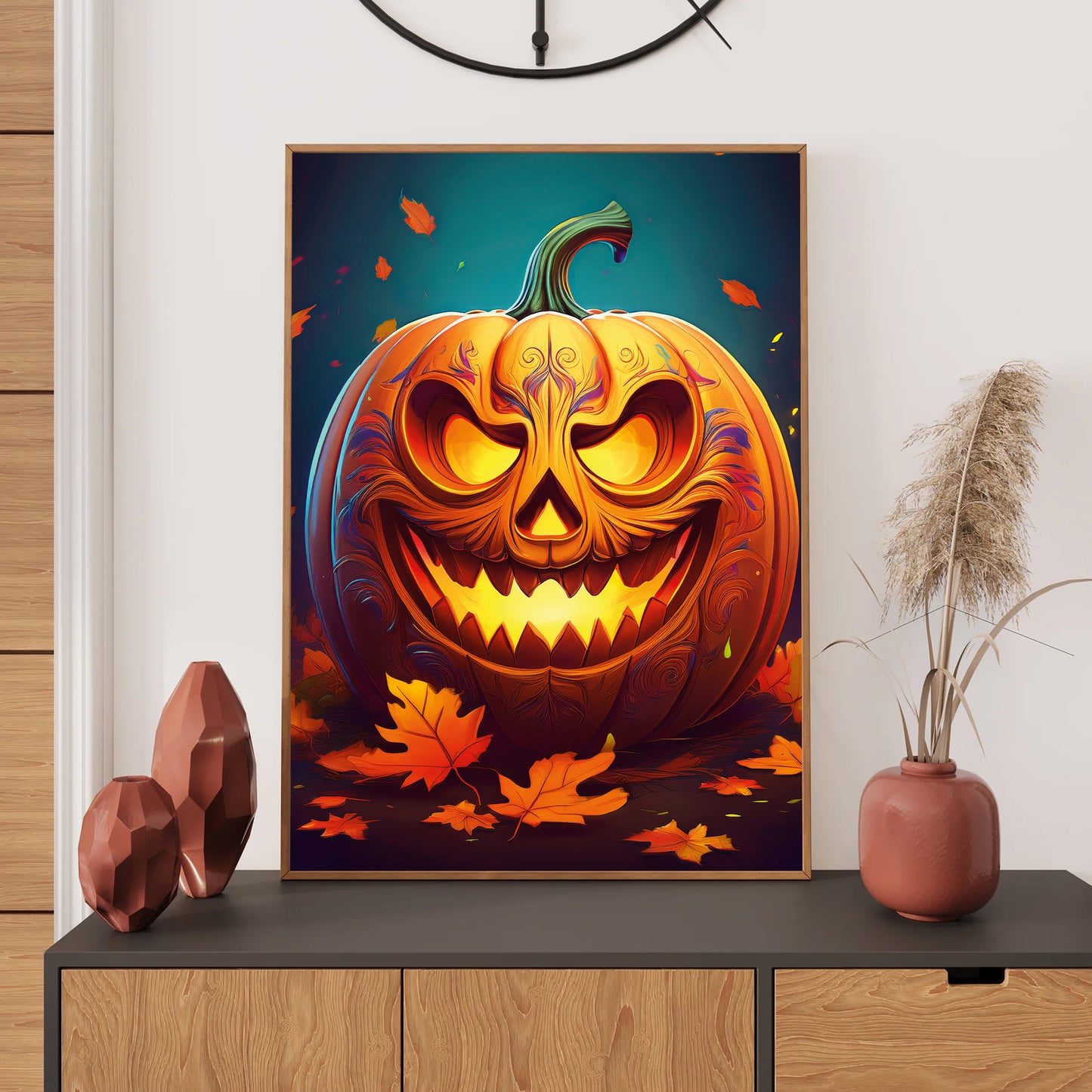 Cartoon glowing jack-o’-lantern surrounded by autumn leaves – spooky gothic Halloween pumpkin illustration