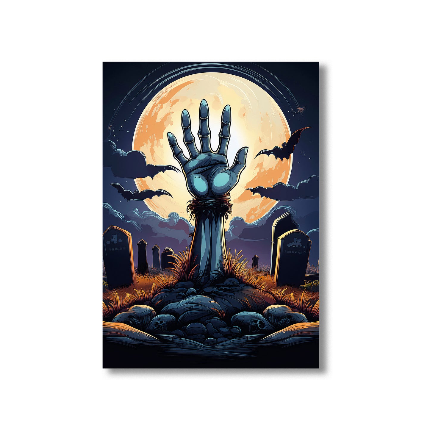 Cartoon zombie hand rising from a grave in a moonlit cemetery – spooky gothic Halloween illustration