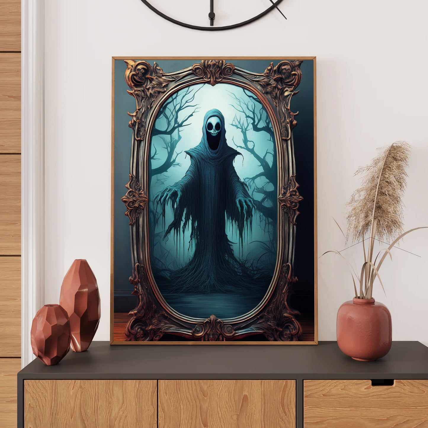 Cartoon haunted mirror with cracked glass reflecting a ghostly figure – spooky gothic Halloween illustration