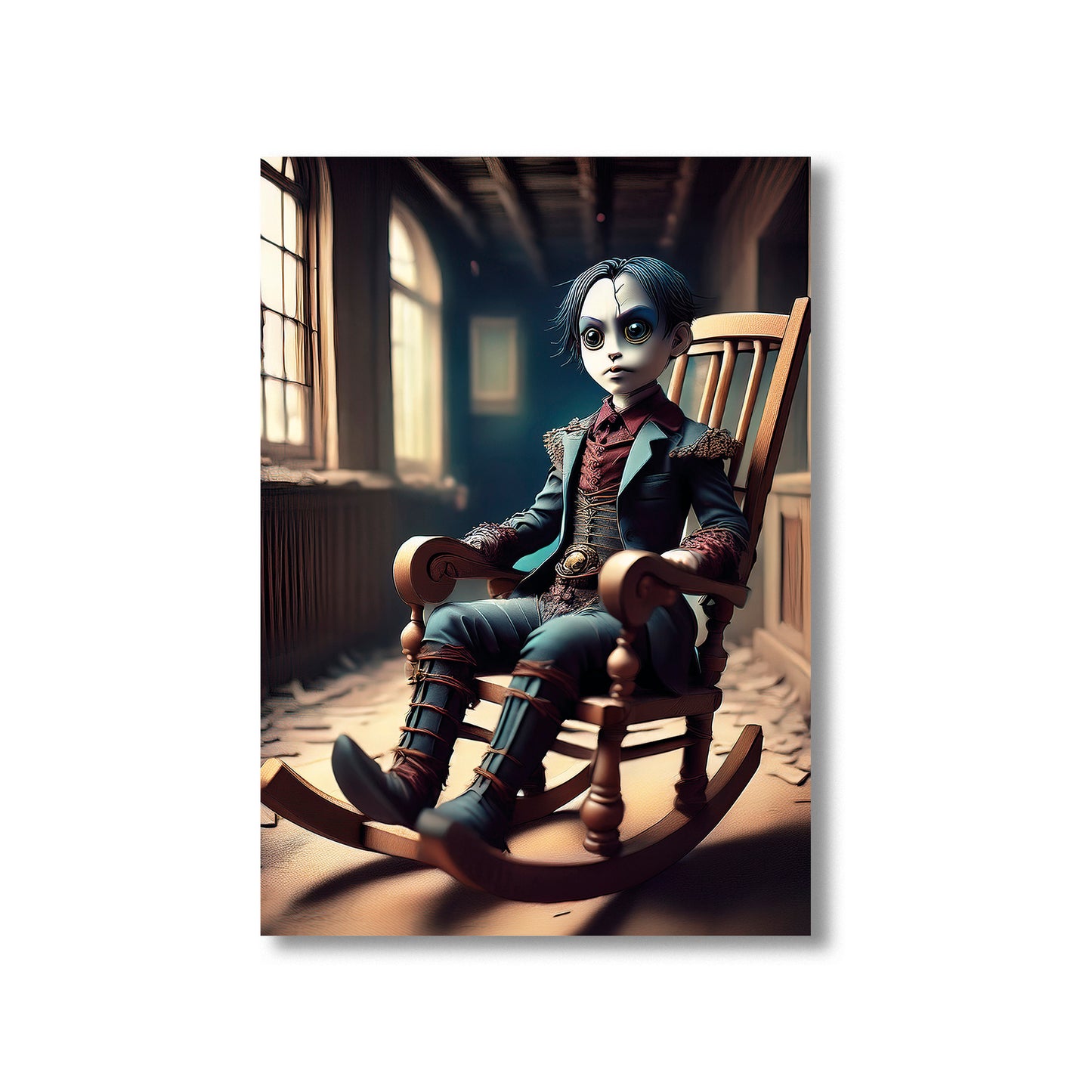 Cartoon creepy doll with button eyes sitting in an old rocking chair in an abandoned house – gothic Halloween illustration
