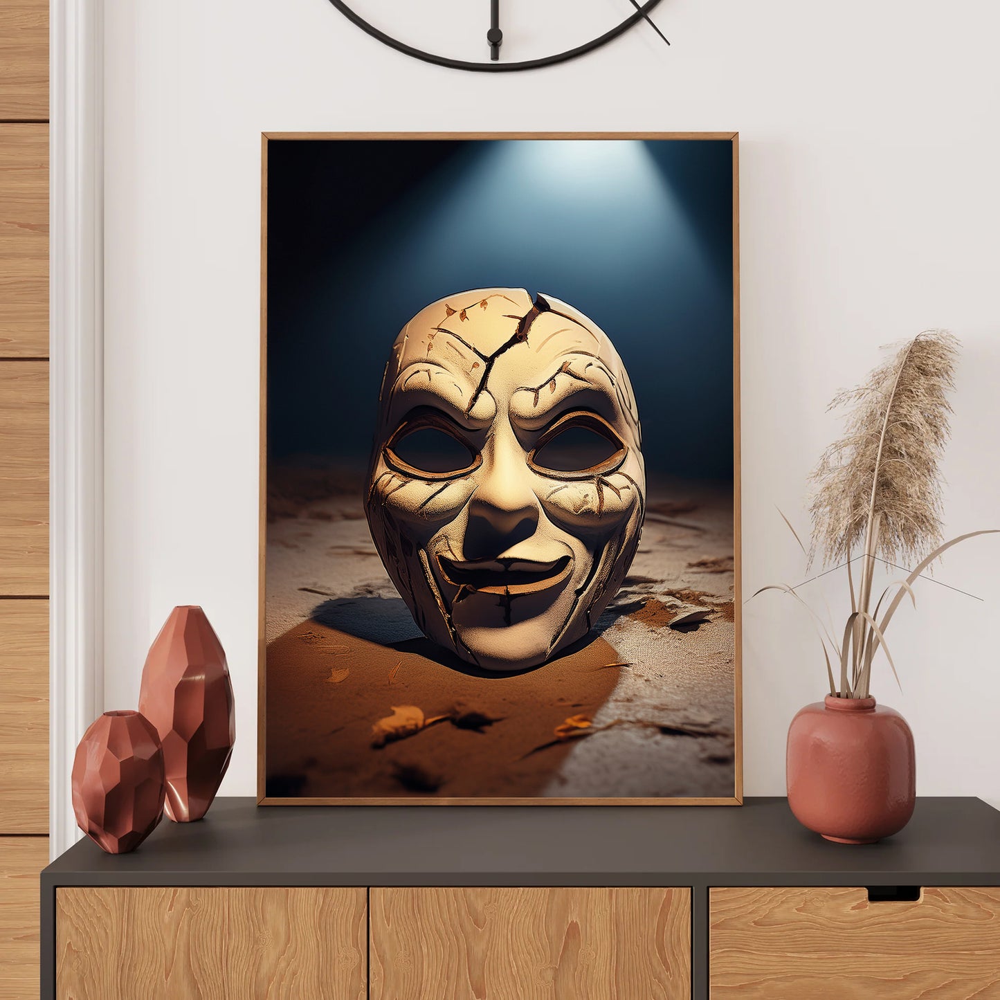 Cartoon cracked carnival mask on a dusty floor with eerie shadows – gothic Halloween illustration