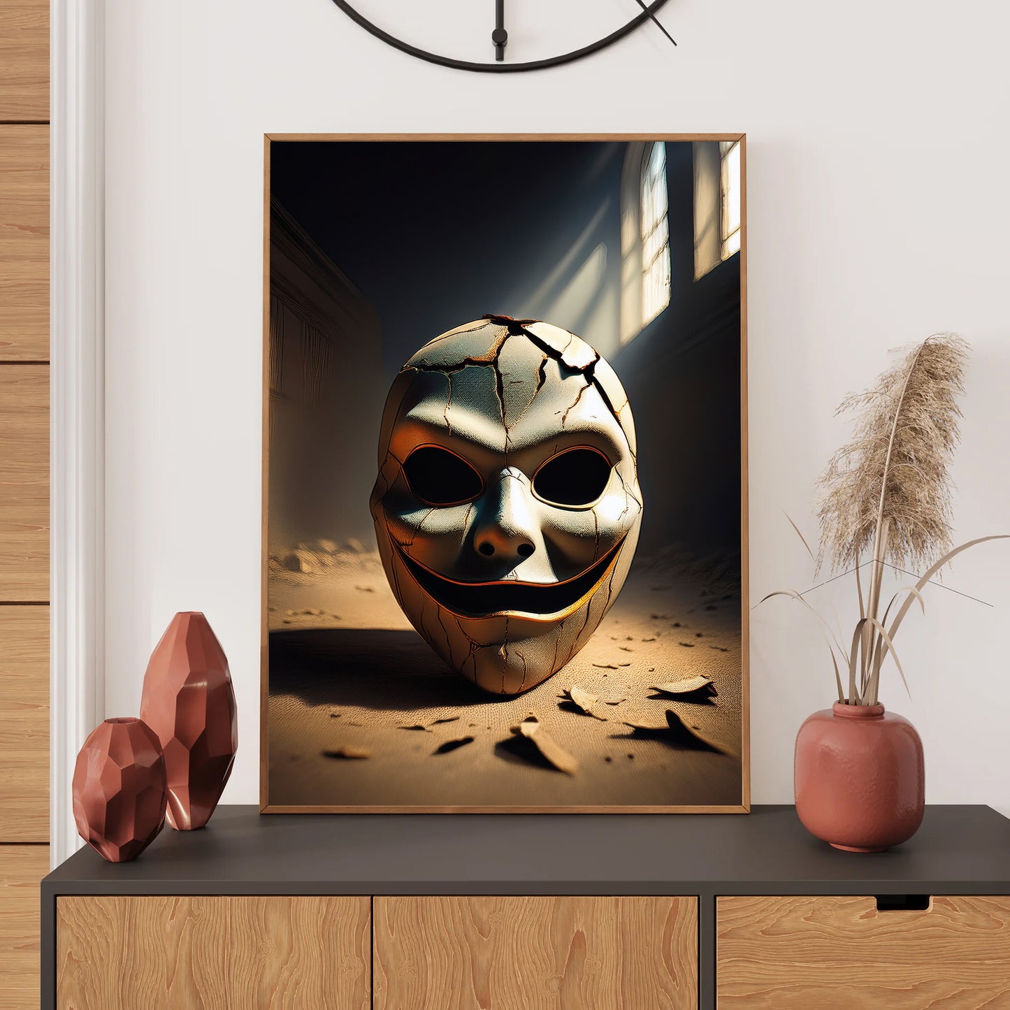 Cartoon cracked carnival mask on a dusty floor with eerie shadows – gothic Halloween illustration