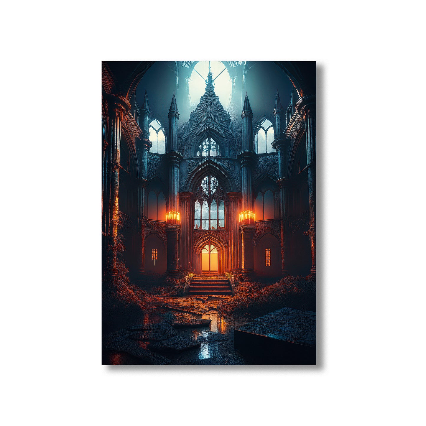 Cartoon gothic abandoned asylum with glowing barred windows in fog – spooky Halloween illustration