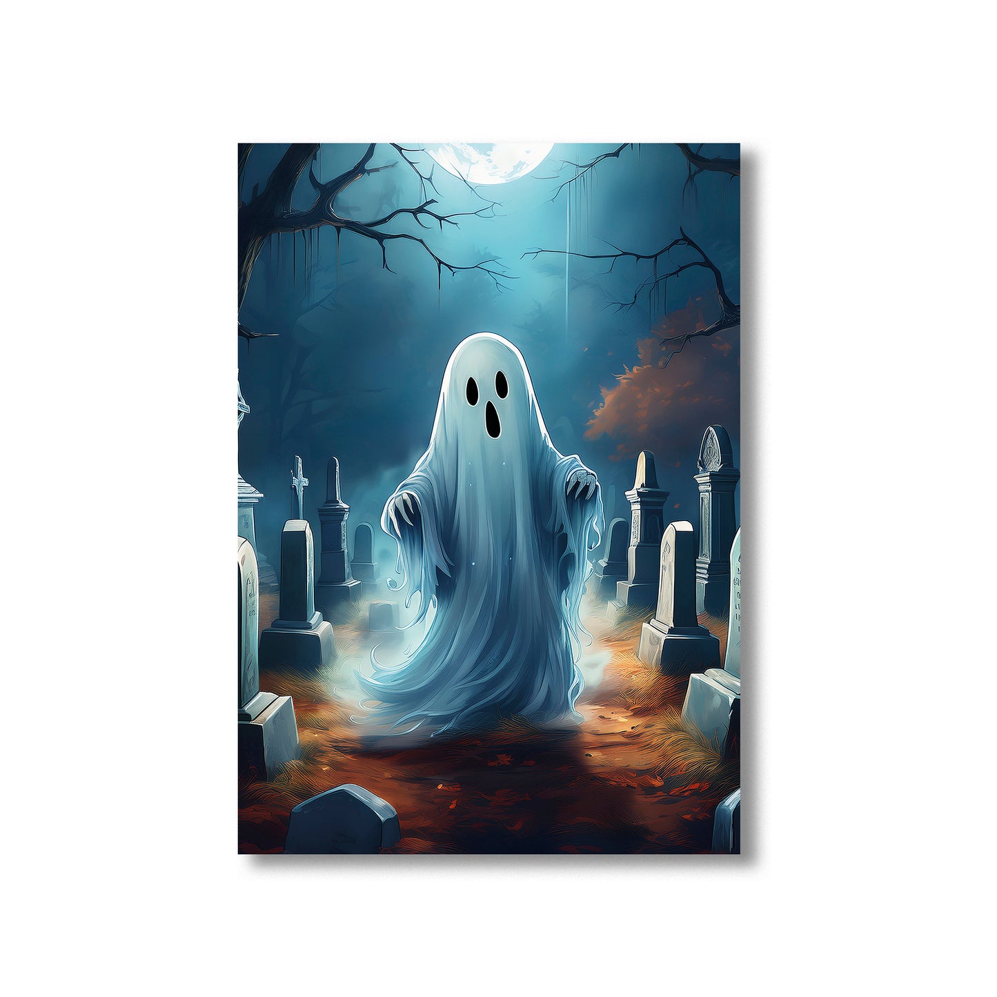 Cartoon ghost floating in a foggy graveyard with cracked tombstones – spooky gothic Halloween illustration