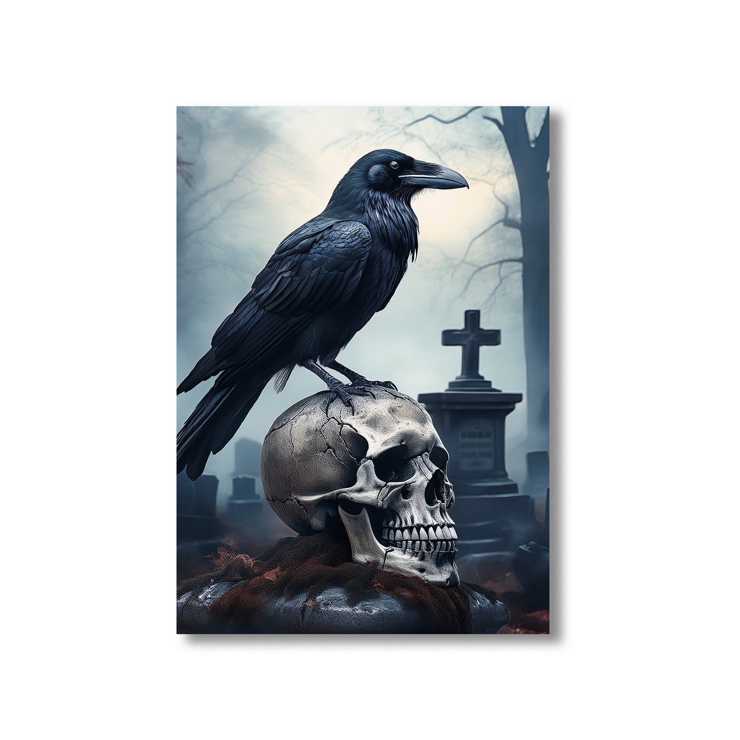 Cartoon gothic raven perched on cracked skull in foggy graveyard – spooky Halloween art