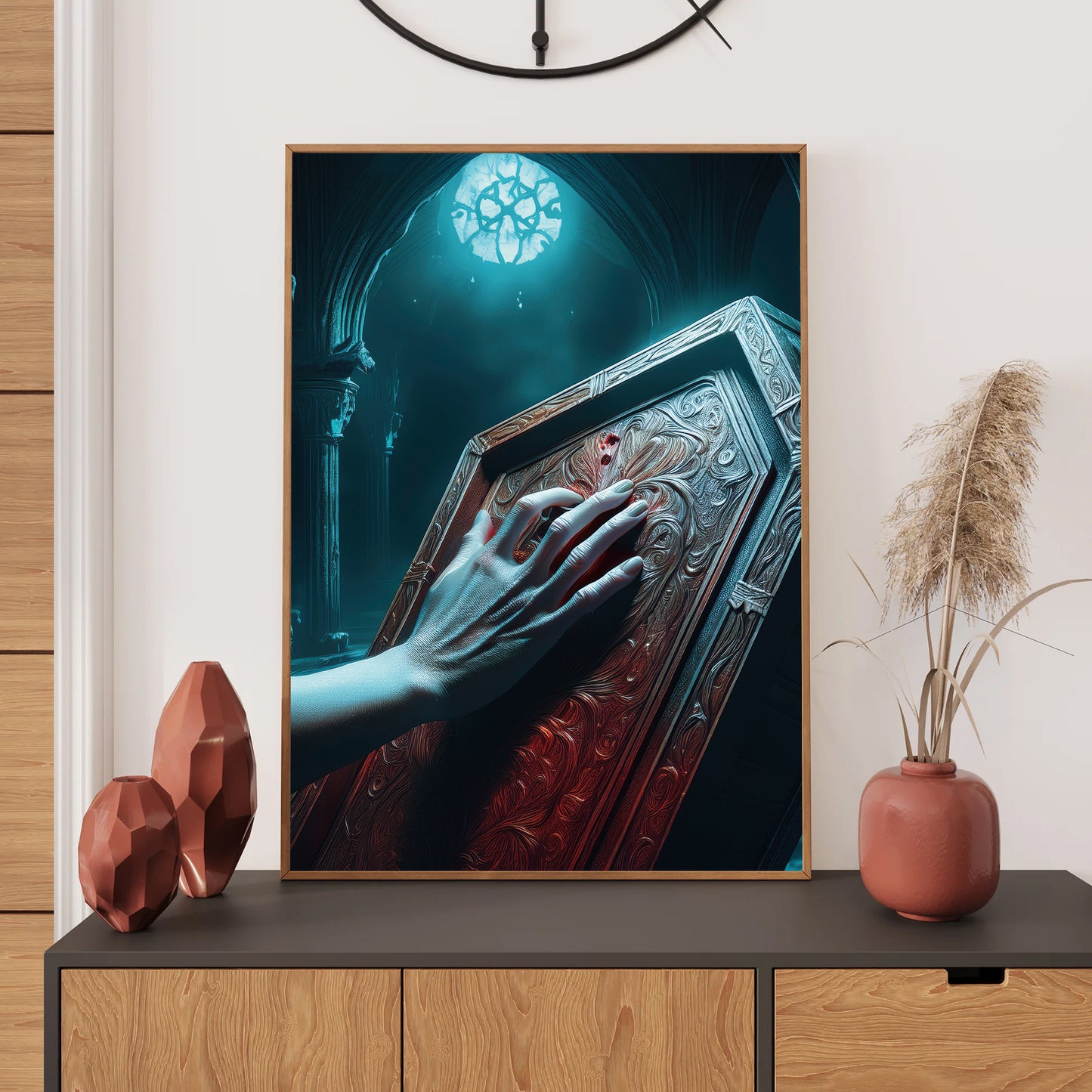 Cartoon vampire hand pushing open coffin lid in haunted crypt – gothic Halloween art