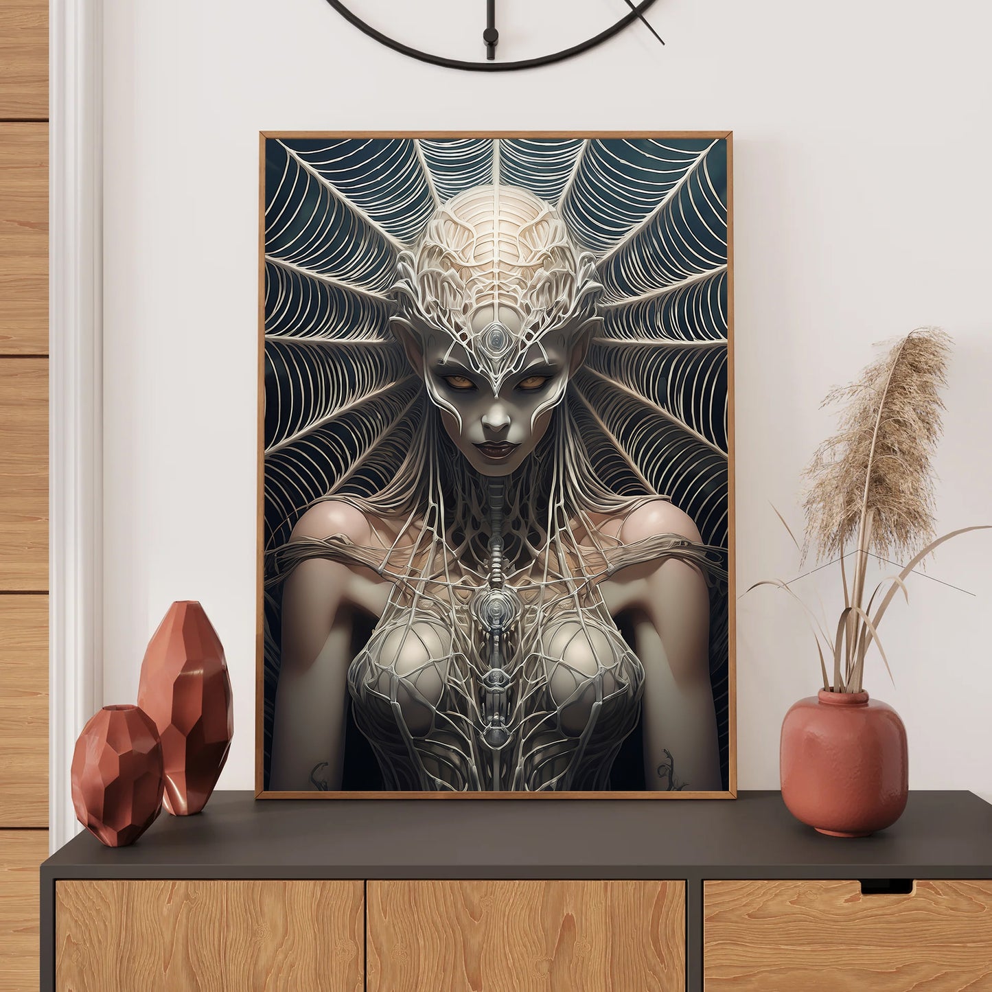 Cartoon monstrous spider queen sitting on a throne of webs – gothic spooky Halloween art