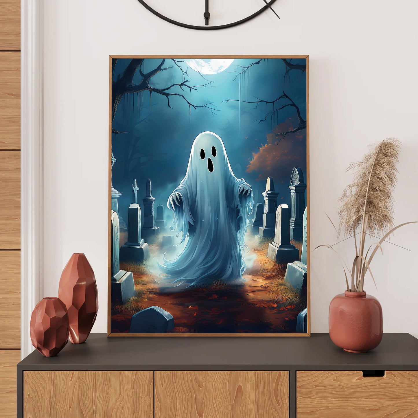 Cartoon ghost floating in a foggy graveyard with cracked tombstones – spooky gothic Halloween illustration