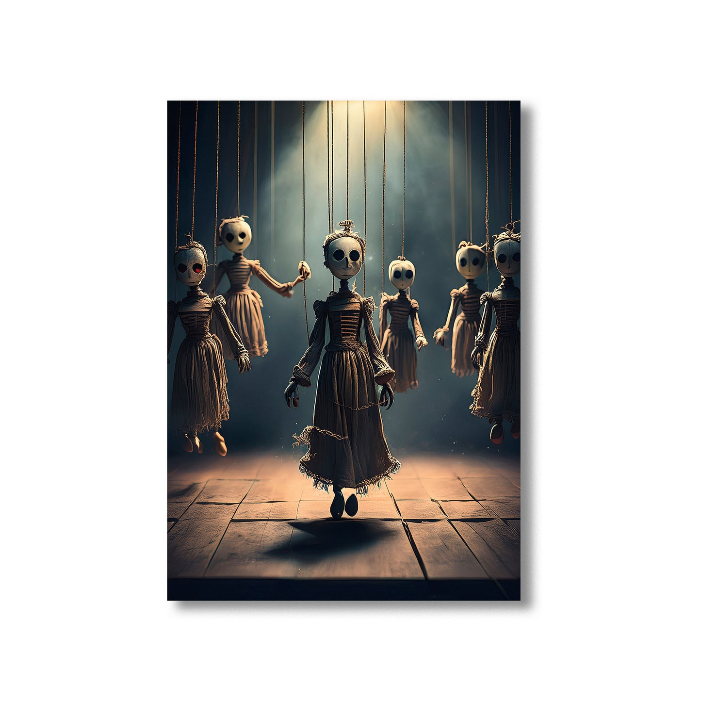 Possessed puppets with glowing eyes hanging on a dusty stage – gothic Halloween art