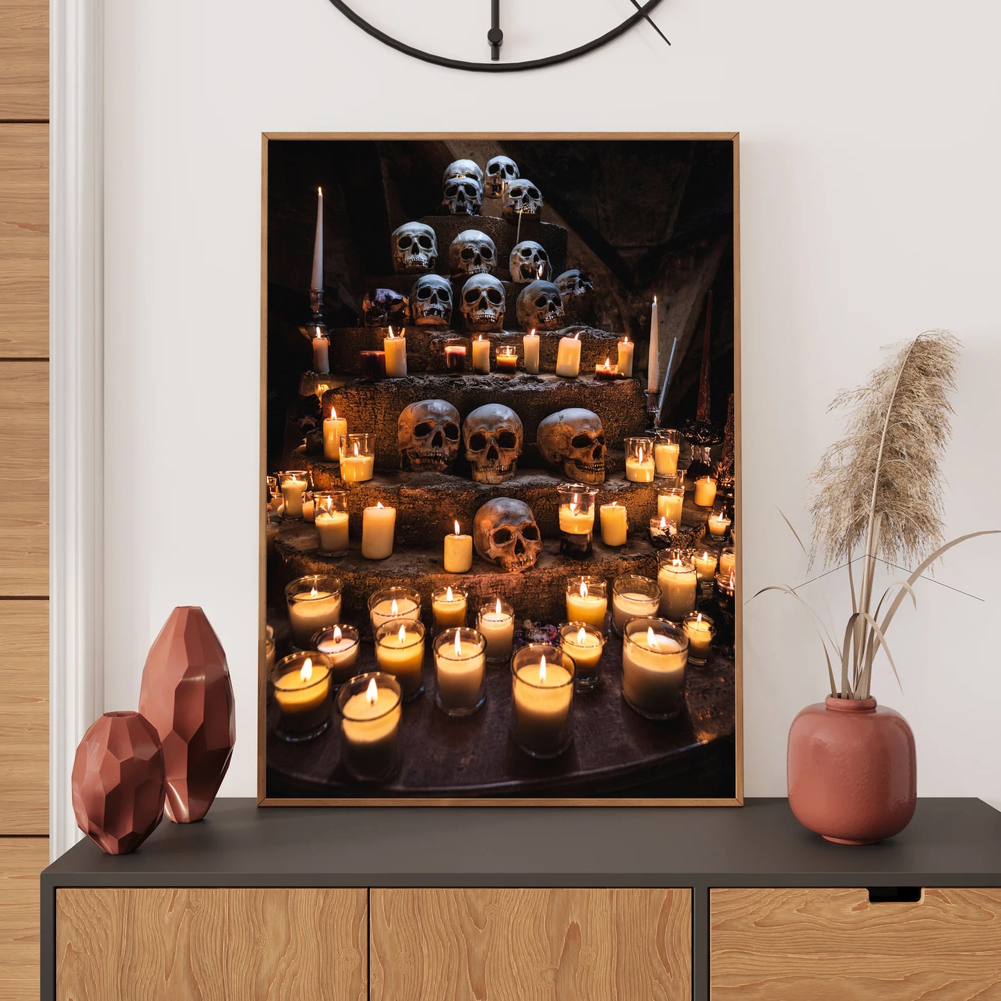 Altar made of skulls glowing with dozens of candles – gothic spooky Halloween art
