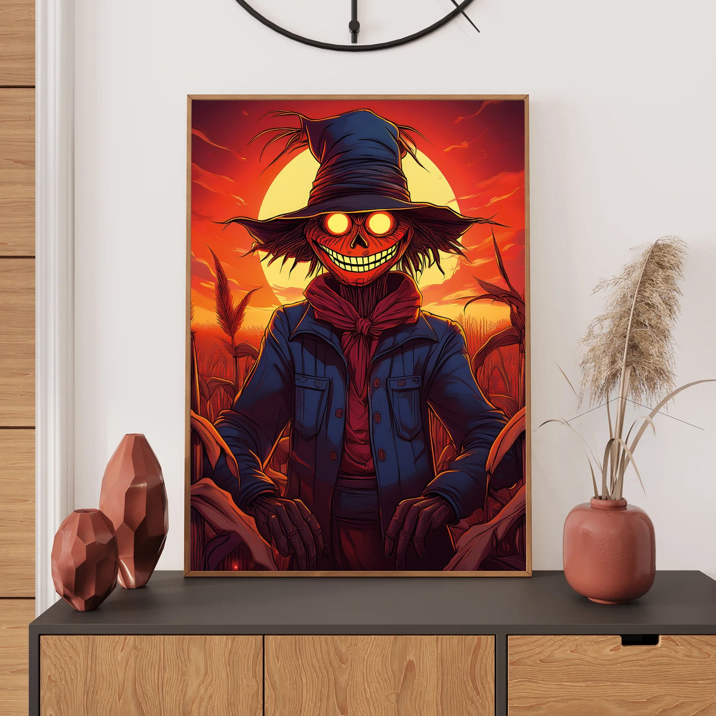Cartoon creepy scarecrow with glowing eyes in a haunted cornfield under a blood-red sky – gothic Halloween illustration