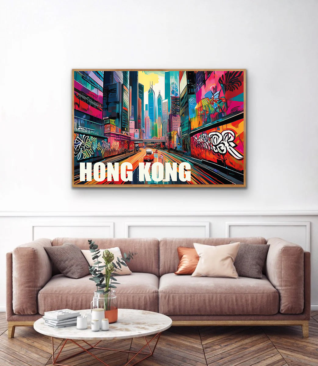 Vibrant digital graffiti-style wall art print of Hong Kong featuring neon-lit skyscrapers, traditional junk boats, and dynamic urban street scenes — ideal for instant digital download, Hong Kong-inspired home decor, modern cityscape artwork, and Asia travel wall art.