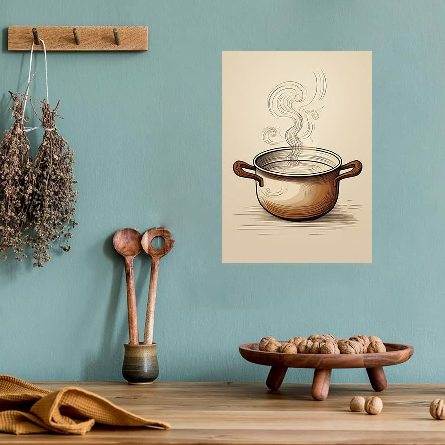 Decorative wall art of a steaming pot on a teal wall with wooden utensils and a tray below.