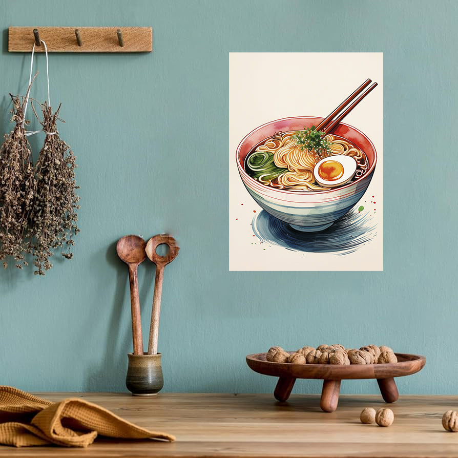 Japanese ramen bowl watercolor printable wall art with chopsticks and minimalist design
