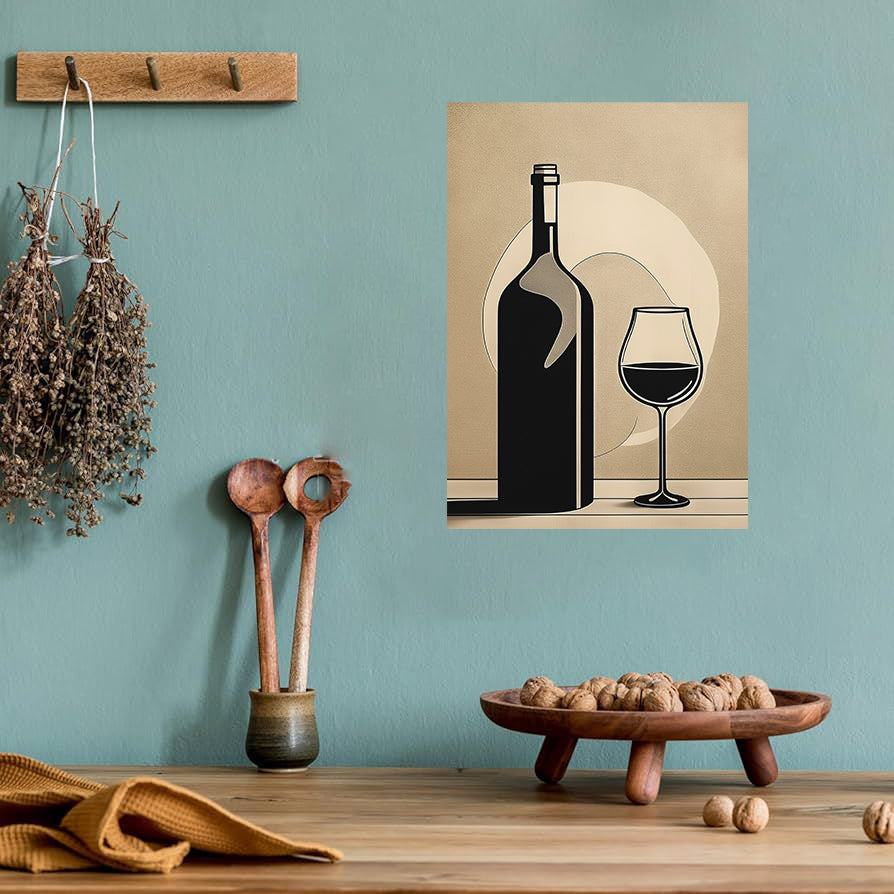 Minimal abstract wine bottle and glass line art printable on beige textured background
