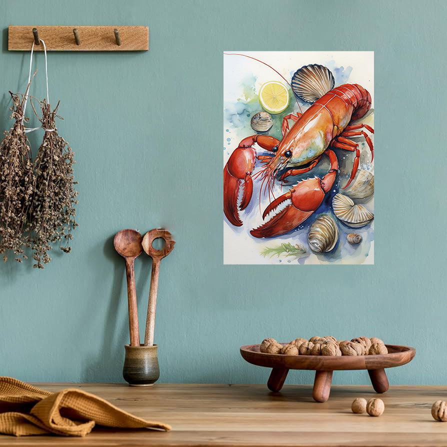 Wall art of a lobster on a teal wall with wooden decor items below.