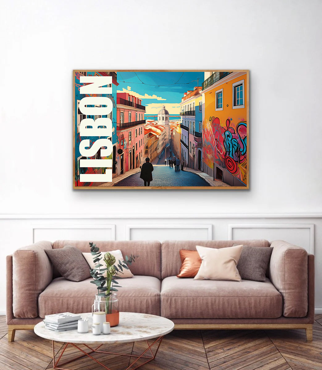 Colorful street scene with graffiti and the word 'Lisbon' with sofa