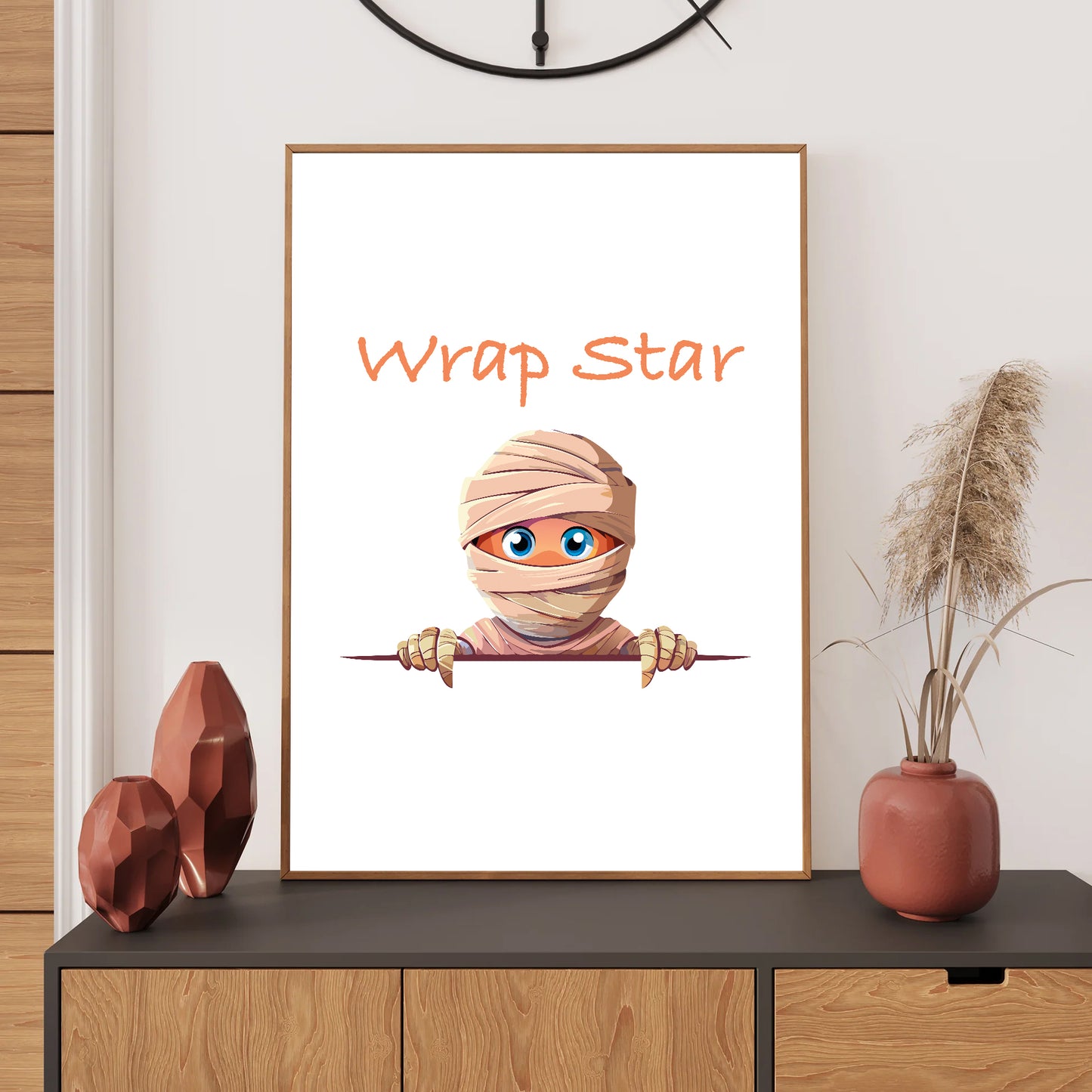 Framed artwork with a cartoon character labeled 'Wrap Star' on a wall above a shelf.