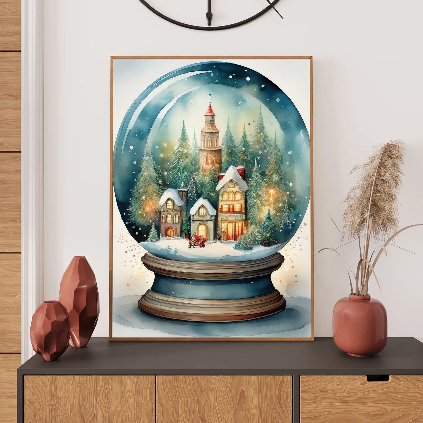 snow globe print, Christmas village art, whimsical holiday décor