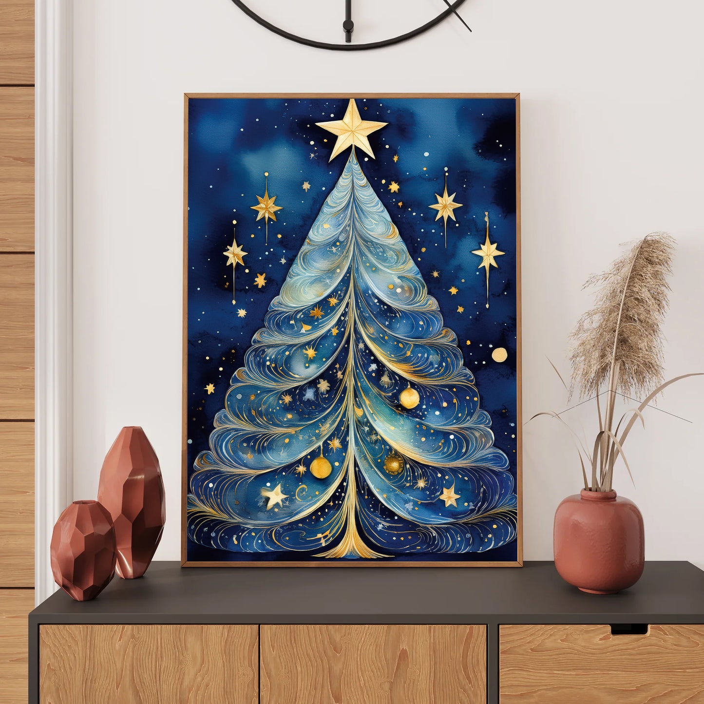 Watercolor night sky with Christmas tree formed by stars