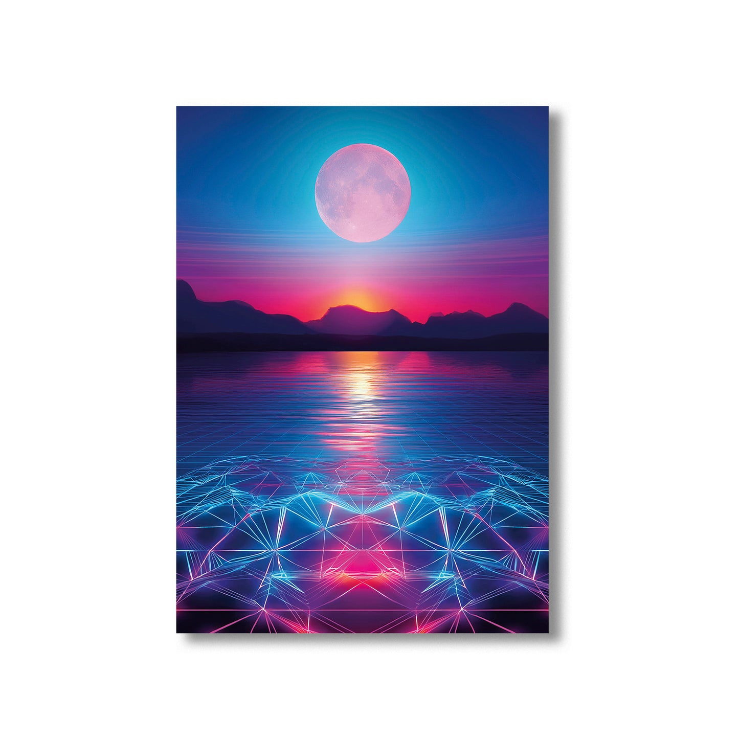 Neon full moon rising over a sunset horizon with mountains, glowing ocean reflections, and a futuristic geometric grid in synthwave colors.