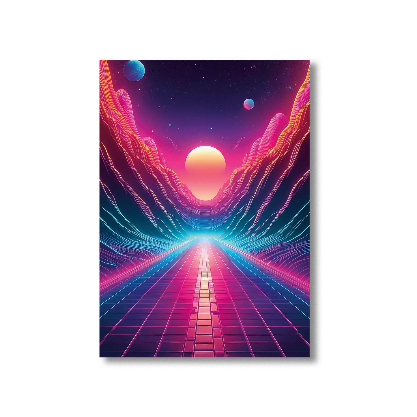 Neon pathway across an ocean leading to a glowing sun on the horizon in vibrant synthwave sunset colors.