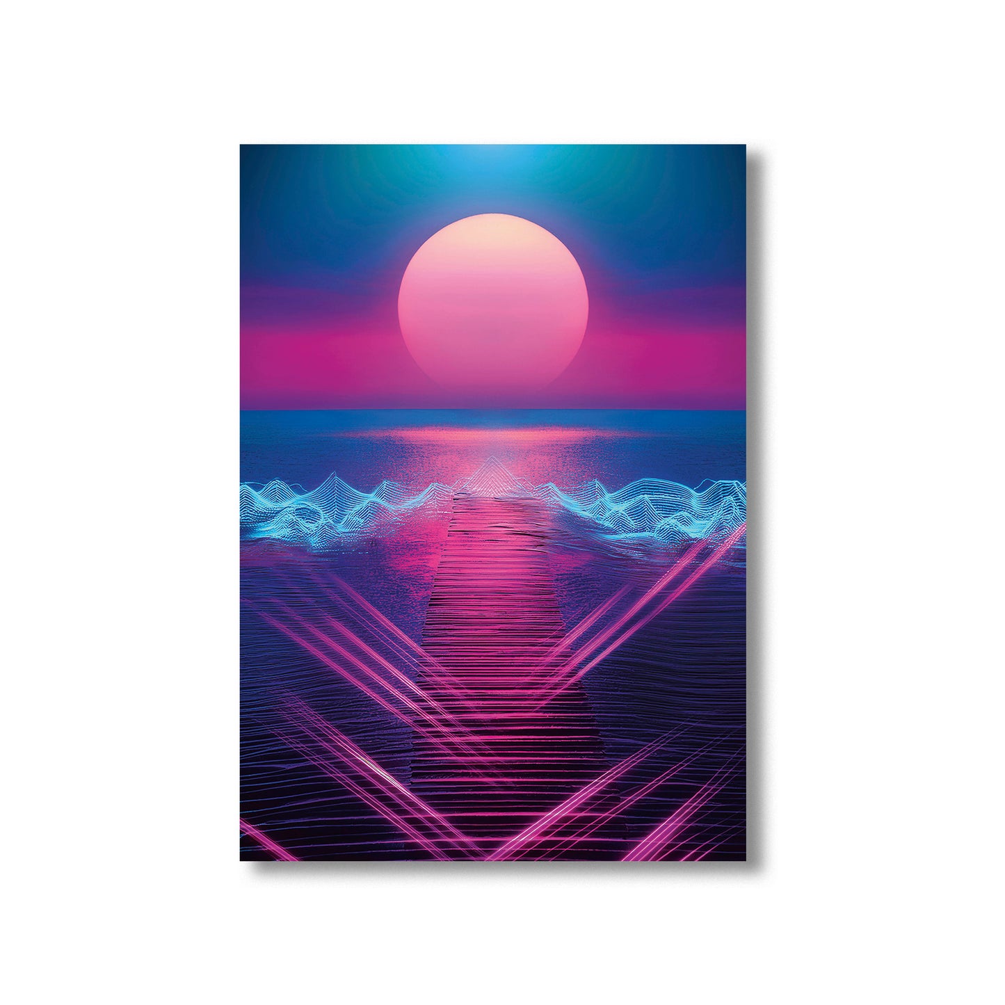 "Retro-futuristic neon pathway over a glowing ocean with a large pink sun and electric blue waves in synthwave style."