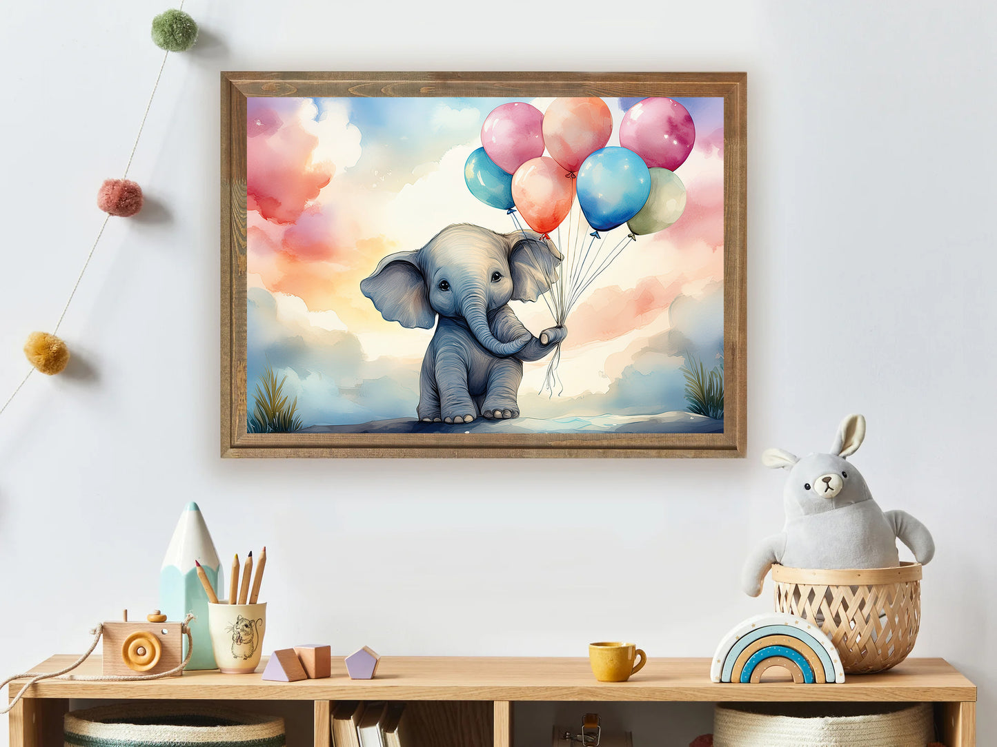 Watercolor baby elephant holding pastel balloons nursery wall art print